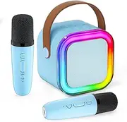 XIULIUU Mini Karaoke Machine for Kids, New Upgrade Portable Bluetooth Speaker with 2 Wireless Microphones, Gifts Toys for Girls Boys 3-13 +Year Old Birthday Family Home Party Gift(Blue)