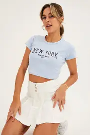 Blue Baby Tee Short Sleeve Crop Round Neck - Size M, Women's Graphic Tee