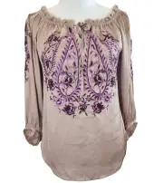 NWT White House Black Market Beige Embroidered Peasant Blouse XXSmall MSRP $110