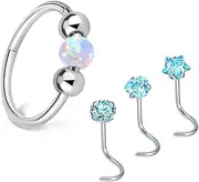 [JeiibrZui] 4PCS Nose Rings Hoops Stud Silver Set,Stainless Steel 18G Opal Nose Rings,8MM/10MM White Blue Nose Hoop for Women and Men, 8mm,6mm, Stainless Steel, No Gemstone