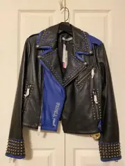 Alice & Olivia NWT US8/M Cody Leather Biker Jacket Black/blue Studded $1,595.00