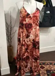 Nicole Miller Maxi Dress Large Burgundy Fusia Floral NWT Pockets Built In Bra