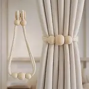 Boho Wooden Ball Curtain Tiebacks with Wood Beads Handmade Weave Rope Curtain Holders Window Drapes Holdbacks Strap Beige