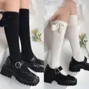 Women Furry Trim Faux Wool Knit Knee High Socks Plush Ball Bow Stockings