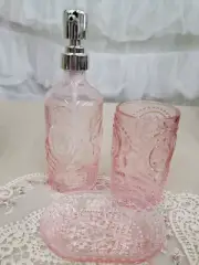 Victorian Trading 3pc Pink Glass Peacock Feather Bath Set 2B