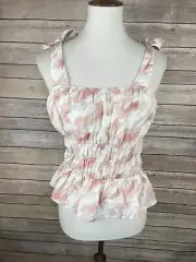 Paper Crane Large NWT Boho Cropped Blouse Ruched Ruffled Peach White Tie Detail