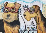 AIREDALE TERRIER Masquerade Dog Pop Outsider Vintage Style Art 5x7 Signed Print