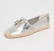 NIB Tory Burch Eleanor Logo Espadrille Leather Flat Metallic Silver US 7 AUTHNTC