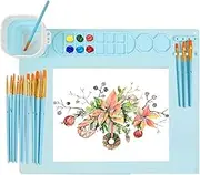 Wzenclave Silicone Craft Mat Silicon Art Mat with Cup, 1pcs mat & 10 Paint Brushes Silicone Painting Mat with Cup and Paint Holder Pen Holder for Art Painting Clay and DIY Creations Play(20×16In Blue)