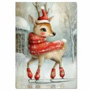 Christmas Deer Skating Santa Hat Woodland Flat Rolled, Framed Or Wrapped Canvas