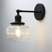 Buyee Vintage Industrial Wall Sconce Indoor Lighting Fixture with Clear Globe Ribbed Glass Lampshade for Bedroom Dining Room Kitchen Hallway (Black)