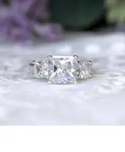 Princess Cut 3 Stone Engagement Ring, Silver Square Proposal Ring For GirlFriend