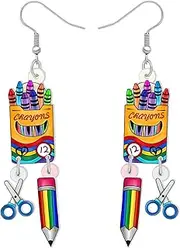 [DUOWEI] Cute Acrylic Teacher Earrings Crayon Pencil Jewelry Back to School Dangle for Women Girls Kids Book Apple Accessories