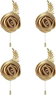 [LMMWBM] Faux Silk Rose Men Suit Boutonniere, Artificial Flower & Golden Leave Brooch Lapel Pin for Groom Groomsman Wedding Prom Dance Homecoming Party
