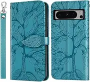 [Ropigo] for Google Pixel 8 Pro Wallet Case, Embossed Tree Premium PU Leather [Kickstand] [Card Slots] [Wrist Strap] [6.7 inch] Phone Cover for Pixel 8 Pro (B1-Blue)