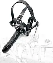 QRTBHOP BDSM Bondage Leather Head Harness with Gag Strap on Silicone Double Dildo with Penis Gag Erotic Flirt Sex Toys SM Erotic Sex Toys for Couples