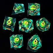 Beholder'S Eye DND Dice- Dragon Eye Liquid Core Sharp Edge Handmade Dice Set for DND for Dungeons and Dragons Ttrpg Games, Multi-Sided RPG Polyhedral Resin Roleplaying Games （Green Dragon Eyes）