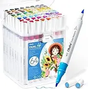 Ohuhu Water-based Markers for Adult Colouring Books No Bleeding 64 Colors Dual Tips Brush & Fine Coloring Markers for Kids Adults Beginners Drawing Pens for Journaling Lettering