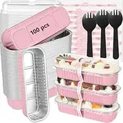 100 Pack Mini Loaf Pans with Lids and Spoons Sealing Sticker, 200ml Mini Cake Pans for Baking, Aluminum Foil Loaf Pans, Pink Mini Loaf Baking Pans, Small Cake Containers with Lids