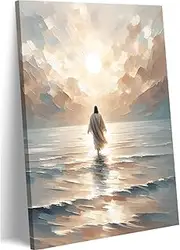 Jesus Walking on Water Canvas Wall Art Jesus Walking on Water Back Wall Decor Pictures Jesus Christian Posters Prints for Living Room Bedroom Church Home Decorations Ready to Hang Canvas 12inx16in