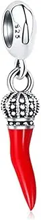 [ARTCHARM] Red Italian Horn Bead Crown Dangle Charm Authentic 925 Sterling Silver Chili Pepper Pendant Beads Fit European Bracelet, Sterling Silver, Cubic Zirconia