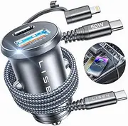 LISEN USB C Car Charger 54W Car Cigarette Lighter Socket Adaptor Super Fast Mini USB Car Charger Type C with 60W USB C to C/Lightning Cable Dual Port Car Phone Charger for iPhone 16 Samsung iPad Pro