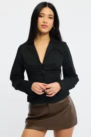 Black Long Sleeve Shirt Lapel Collar Button Up - Size 16XL, Women's Shirt