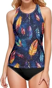 [AIXIWAWA] Watercolor Feather Women's Tankini Tops, Swimsuit Top for Beach Pool Vacation S
