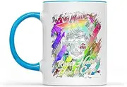 Skull with Bandana, Racing Glasses, Checkered Flags & Sprint Car Colorful Distressed Style Coffee Mug Ceramic Tea Cup Gag Gifts for Adults Men Women Kids Boys Girls Two Tone Light Blue 11oz