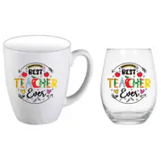 2pc Best Teacher Ever Pencil 400ml Coffee Mug & Stemless Wine Glass Cup Set WHT
