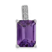 Sterling Silver Rhodium Emerald-cut Amethyst u0026 Diamond Pendant