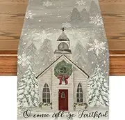 Artoid Mode Church Xmas Trees Snowflakes Merry Christmas Table Runner, Bow Tie Kitchen Dining Table Decoration for Outdoor Home Party 33 x 230 cm