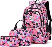 [Bansusu] 3Pcs Geometric Prints Primary School Student Satchel Shoulder Schoolbag for Middle School Girls Boys Backpack with Lunch Bag