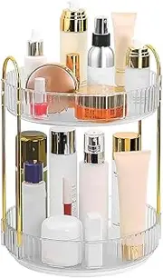 360 Rotating Makeup Organizer Countertop Clear 2 Tier High-Capacity Bathroom Organizer Spinning Perfume Organizers Rack for Cosmetics, Perfume, Lotion and Skincare (White)