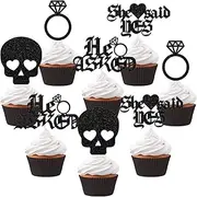 Gothic Engagement Cupcake Toppers, 24 Pieces Black Glitter He Asked She Said Yes Ring Skull Cupcake Food Picks for Wedding Engagement Bridal Shower Party Cake Decorations