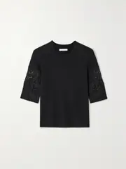 [Chloé] Chloé - Guipure Lace-trimmed Ribbed Wool-blend Top - Black - small small Black