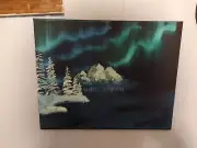BOB ROSS STYLE OIL PAINTING- WINTER AURORA BOREALIS SKY
