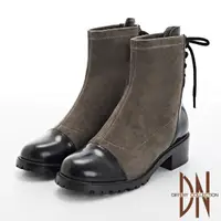 在飛比找momo購物網優惠-【DN】短靴_牛皮拼接異材質粗跟後綁帶造型短靴(卡其)