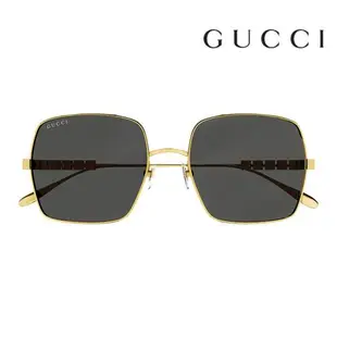 【Gucci】古馳 GG1434S 001 57mm 大鏡面 造型款太陽眼鏡 方框墨鏡 灰色鏡片/金框