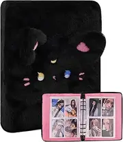 Kpop Photocard Binder Plush Photo Album with 30Pcs Inner Pages 2x3" Photo Card Holder Book Sleeves 6 Rings 4-Pocket Card Protector (Black Kitty)