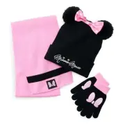 Disney Minnie Mouse Beanie Hat Girl Toboggan Gloves Scarf Mitten Set Pom Ear Bow