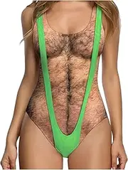 [Deresagrl] One Piece Swimsuits for Women Hairy Chest Bathing Suit Funny Novelty Fake Muscles Beachwear Borat Swimsuit, Green Borat 1, Large