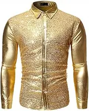 [Generic] Men's Shiny Metallic Sequin Long Sleeve Button Down Shirts for Halloween Cosplay Party