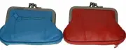 Women's Leather Metal Frame Double Clasp Zipper Coin Purse 5 1/4" x 3 1/4"