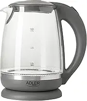 Adler AD 1286 Glass and Plastic Kettle, 2L, 2000 W, LED Lighting, Glass Kettle for Tea, Limescale Filter, Automatic Shut-Off, Stainless Steel Immersion Heater, Grey Transparent/Grey