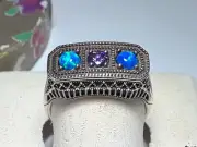 .45ctw Round Amethyst & Opal 3 Stone Filigree Sterling Silver Ring #19643