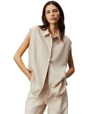 [Calvin Klein] Linen Blend Relaxed No Sleeve Shirt in Peyote