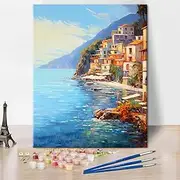 TISHIRON Italy DIY Paint by Numbers for Adults Beauty Seaside Mediterranean Cityscape Acrylic Paint by Numbers Kit on Canvas Amalfi Coast 16"x20" (Frameless)