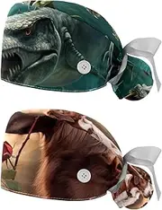 [YTYVAGT] 2-Pc,Nurse Scrub Caps,Scrub Hats with Buttons and Cotton Sweatband,Ancient Dinosaur and Fish