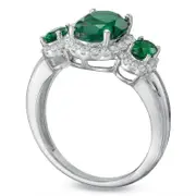 Oval Lab-Created Emerald and White Sapphire Three Stone Ring in Sterling Silver